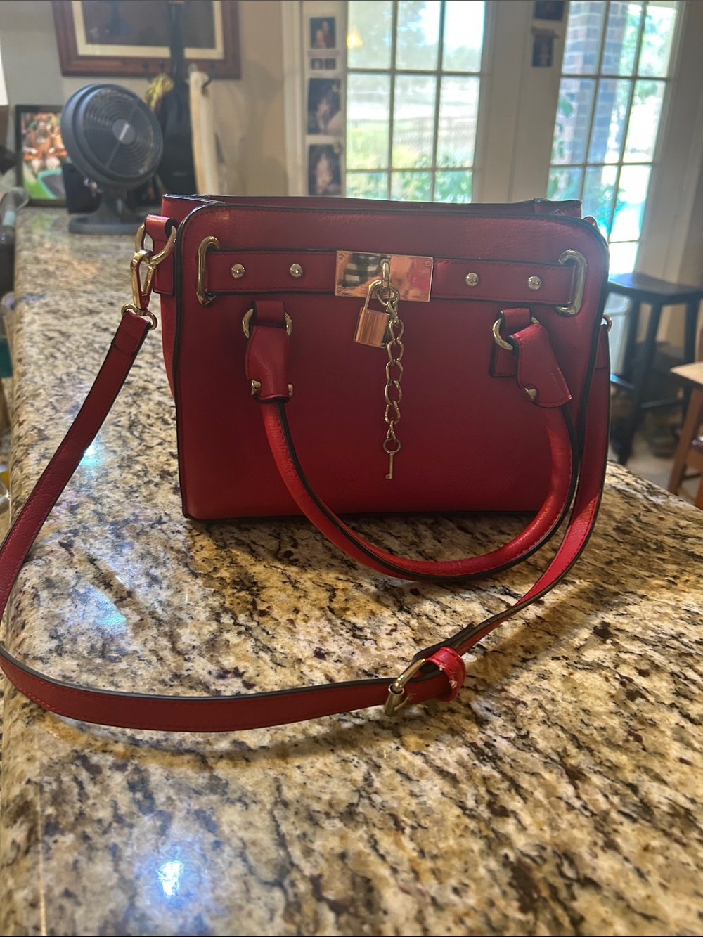 Charming Charlie Red Satchel with Gold Lock Charm